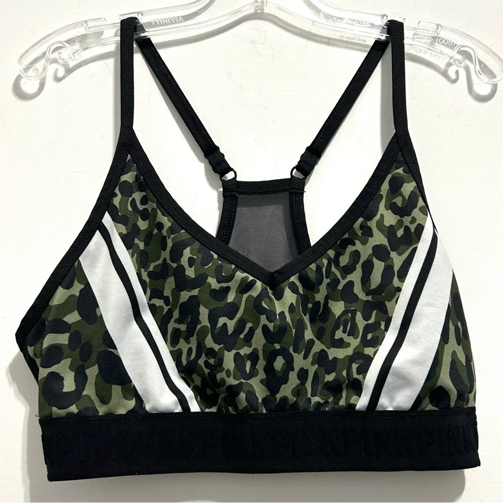 PINK Victoria's Secret Ultimate Black Green Sports Racerback Bra Leopard Print